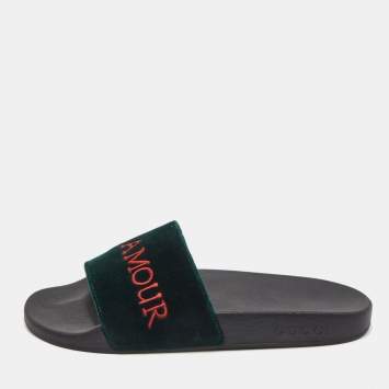 Pre Owned Gucci Green Velvet Embroidered L'aveugle Par Amour Slides Size 39