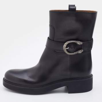 Pre Owned Gucci Black Leather Dionysus Ankle Length Boots Size 38