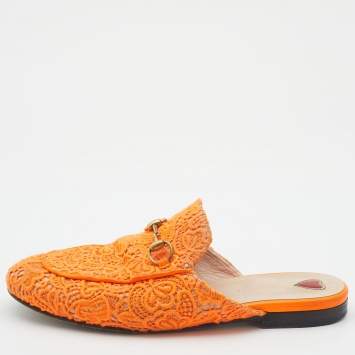 Pre Owned Gucci Neon Orange Lace Princetown Flat Mules Size 37.5