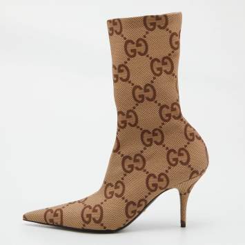 Pre Owned Gucci Beige/Brown GG Knit Fabric Ankle Length Boots Size 39