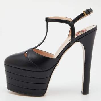 Pre Owned Gucci Black Leather Angel Platforms T-Strap Sandals Size 37.5