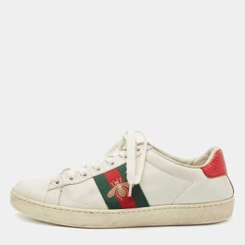 Pre Owned Gucci White Leather Bee Embroidered Ace Sneakers Size 35.5