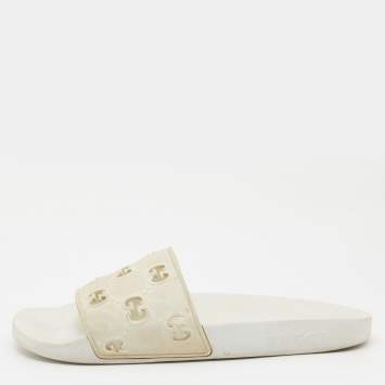 Pre Owned Gucci White GG Laser Cut Rubber Slides Size 38