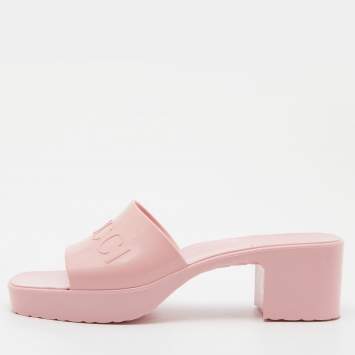 Pre Owned Gucci Pink Rubber Slide Block Heel Sandals Size 38