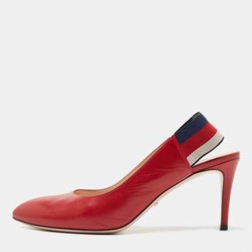 Pre Owned Gucci Red Leather Sylvie Web Slingback Pumps Size 38.5
