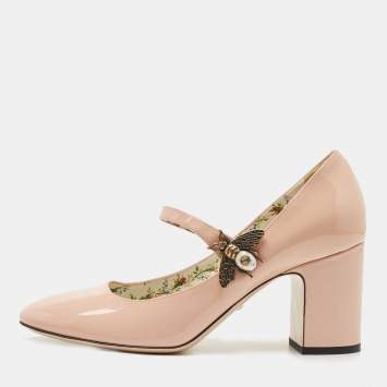 Pre Owned Gucci Beige Patent Leather Lois Bee Mary Jane Block Heel Pumps Size 37