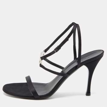 Pre Owned Gucci Black Satin Crystal Embellished Interlocking G Ankle Strap Sandals Size 39