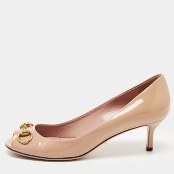 مملوكة مسبقًا Gucci Beige Patent Leather Jolene Horsebit Peep Toe Pumps Size 38