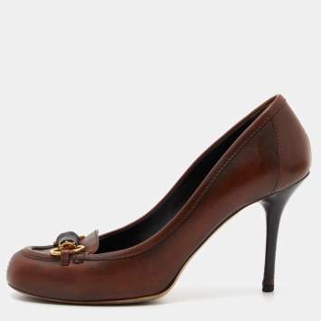 مملوكة مسبقًا Gucci Two Tone Leather Bamboo Horsebit Loafer Pumps Size 38