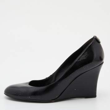 Pre Owned Gucci Black Patent Leather Wedge Round Toe Pumps Size 40