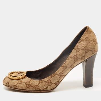 Pre Owned Gucci Beige/Brown GG Canvas Studded Interlocking G Pumps Size 39