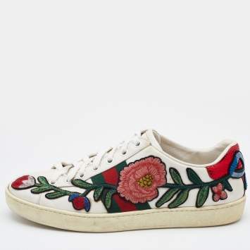 Pre Owned Gucci White Floral Embroidered Leather Ace Low Top Sneakers Size 36.5