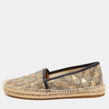 Pre Owned Gucci Beige/Brown GG Supreme Canvas Bee Espadrille Flats Size 38.5