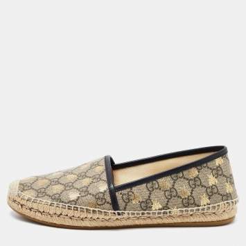 Pre Owned Gucci Beige/Black GG Coated Canvas and Leather Bee Espadrilles Flats Size 39.5