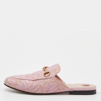 Pre Owned Gucci Pink Floral Lace and Leather Princetown Flat Mule Size 38