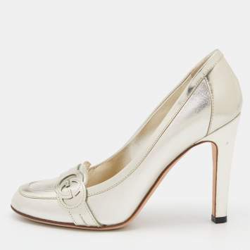 Pre Owned Gucci Gold Leather Interlocking G Loafer Pumps Size 38