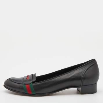 Pre Owned Gucci Black Leather Web Ballet Flats Size 37.5