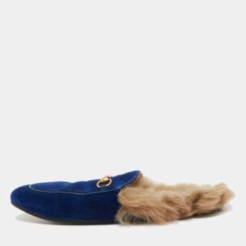 Pre Owned Gucci Blue Velvet and Fur Princetown Flat Mules Size 40