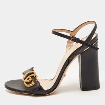 Pre Owned Gucci Black Leather GG Marmont Ankle Strap Sandals Size 36.5