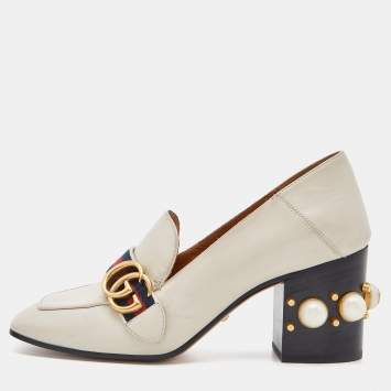 Pre Owned Gucci Off White Leather Peyton GG Sylvie Pearl Studded Loafer Size 38