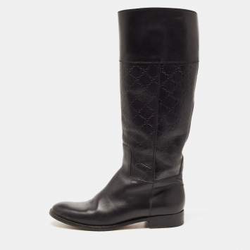 Pre Owned Gucci Black Guccissima Leather 85th Anniversary Knee Length Boots Size 39