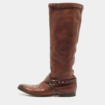Pre Owned Gucci Brown Leather Riding Knee Boots Size 39.5