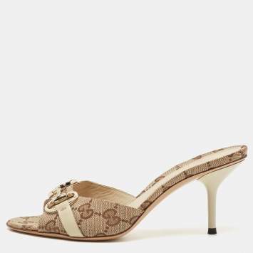 Pre Owned Gucci Beige/Brown GG Canvas Horsebit Slide Sandals Size 35.5