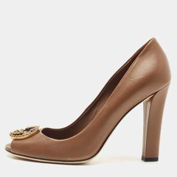 Pre Owned Gucci Brown Leather GG Peep Toe  Pumps Size 41