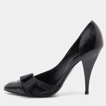 Pre Owned Gucci Black Leather and Satin Bow D'orsay Pumps Size 37.5