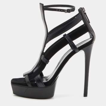 Pre Owned Gucci Black Leather and Suede Daryl Sandals Size 37.5
