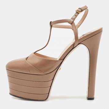 Pre Owned Gucci Brown Leather Angel T Strap Platform Pumps Size 37.5