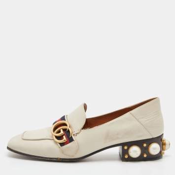 Pre Owned Gucci Beige Leather Peyton GG Sylvie Pearl Studded Loafer Size 37