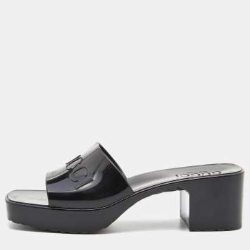 Pre Owned Gucci Black Rubber Logo Platform Slide Sandals Size 35