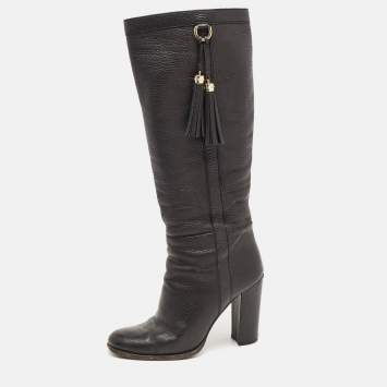 Pre Owned Gucci Black Leather Bamboo Tassel Knee Length Boots Size 39