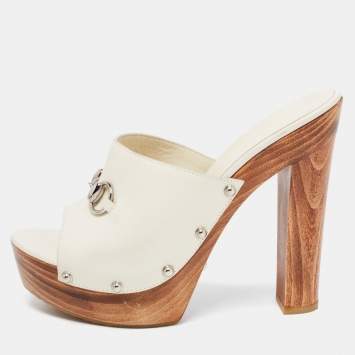 Pre Owned Gucci Off White Leather Horsebit Wooden Clogs Size 40