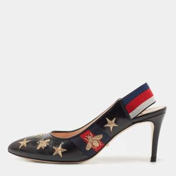 مملوكة مسبقًا Gucci Black Bee Star Embroidered Leather Web Sylvie Slingback Pumps Size 36.5