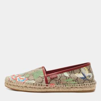 Pre Owned Gucci Beige Flora Print Coated Canvas and Leather Slip On Espadrilles Size 39