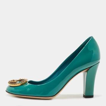 Pre Owned Gucci Green Patent Leather Studded Interlocking G Pumps Size 36