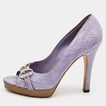 Pre Owned Gucci Light Purple Crocodile Leathe Open Toe Horsebit Pumps Size 39