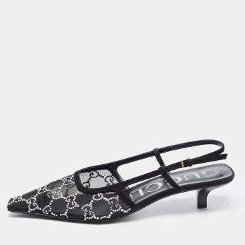 Pre Owned Gucci  Black Mesh And Suede GG Logo Accents Slingback Pumps Size 39