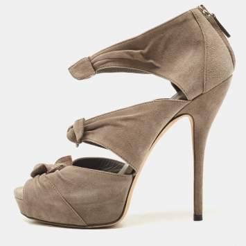 Pre Owned Gucci Grey Suede Bow Ankle Strap Sandals Size 38