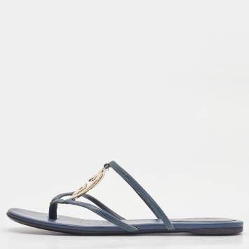 Pre Owned Gucci Blue Leather GG Cage Flat Thong Sandals Size 37