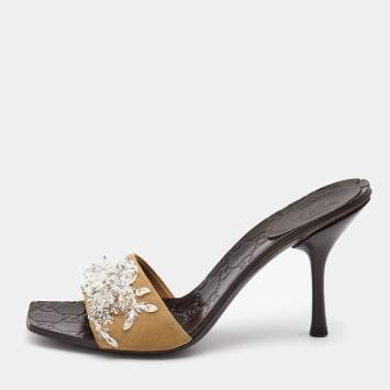 Pre Owned Gucci Brown Fabric Embellished Slide Sandals Size 38