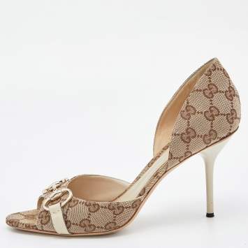 Pre Owned Gucci Beige/Cream GG Canvas and Leather Horsebit D'orsay Pumps Size 40