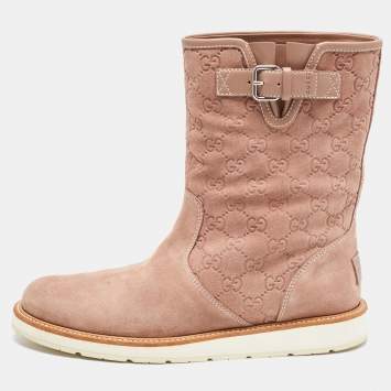 Pre Owned Gucci Beige Guccissima Suede Quercy Midcalf Boots Size 40.5
