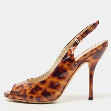 Pre Owned Gucci Two-Tone Animal Print Patent Leather Peep Toe Slingback Pumps Size 37.5