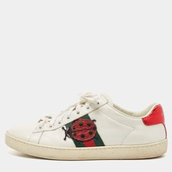 Pre Owned Gucci White Leather Embroidered Ladybird And Pineapple Ace Low Top Sneakers Size 38