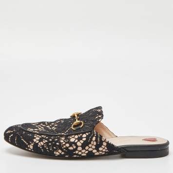 Pre Owned Gucci Black/Beige Lace and Leather Princetown Flat Mules Size 37.5