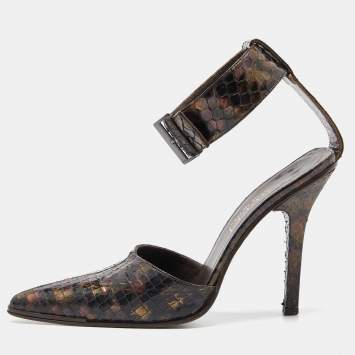 Pre Owned Gucci Brown Python Pointed Toe Ankle Strap Sandals Size 36