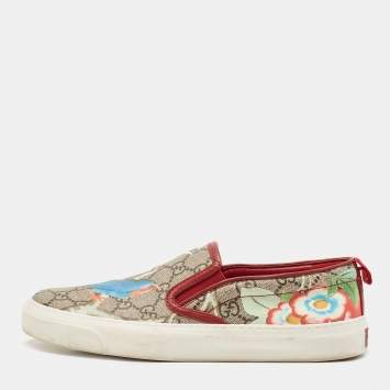 Pre Owned Gucci Grey Canvas And Leather Flower Print GG Supreme Sneakers Size 38